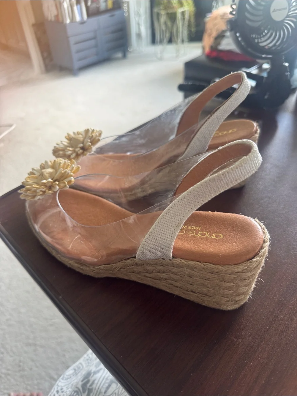 Andre Assous Beige and white Slingback Espadrille Wedges with Floral Accent